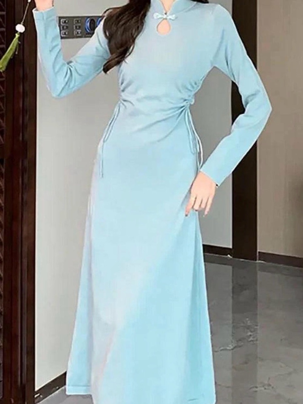 Long-Sleeve Stand Collar Plain Ruched
Frog Buttoned Slit Midi A-Line Knit Dress